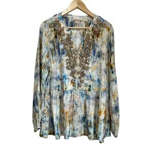 Soft Surroundings Embellished Peasant Top M Boho Floral Tunic Sparkle Beaded